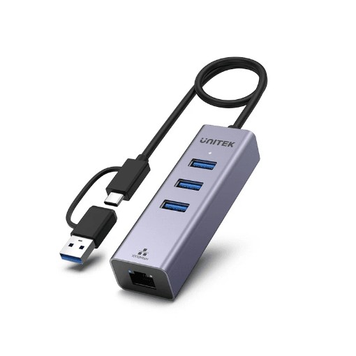Изображение USB-C разветвитель UNITEK Y-3088B с сетевым подключением.