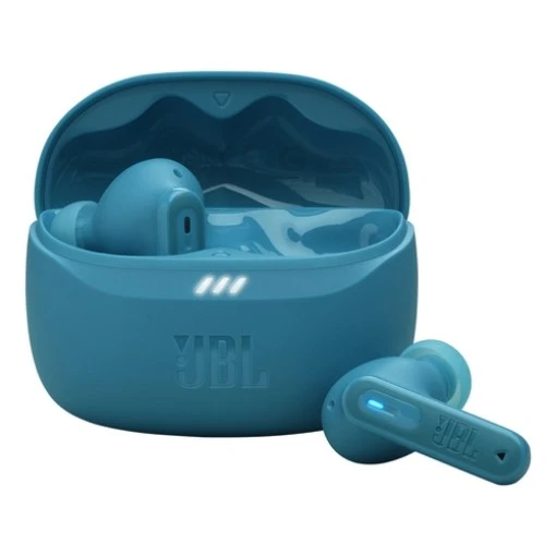 Picture of JBL Tune Beam 2 TWS wireless headphones in turquoise color.