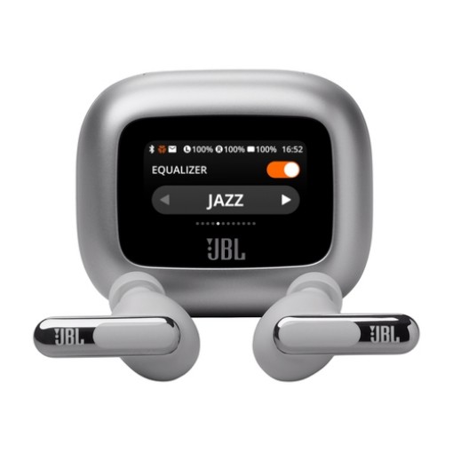 Picture of JBL Live Beam 3 TWS wireless headphones in silver color.