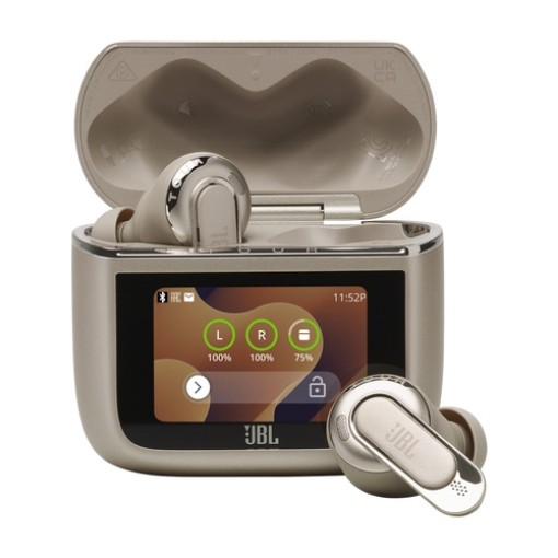 Picture of JBL TOUR PRO 3 TWS wireless headphones in titanium color.