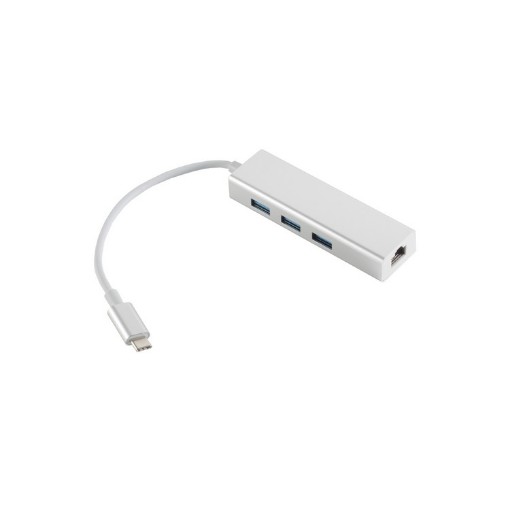 Изображение Док-станция Simpuls USB-C 2 в 1 с Gigabit LAN и 3 портами USB 3.0 серебристого цвета.