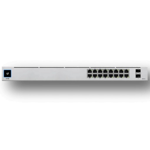 Изображение Управляемый коммутатор UBIQUITI USW-16-POE с 16 гигабитными PoE портами черного цвета.