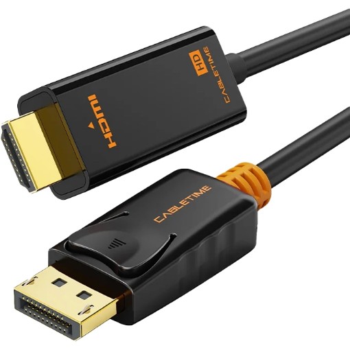 Picture of Cable Time CD33K cable from DisplayPort 1.4 connection to HDMI connection 1920x1080p/60Hz - length 1.8 meters - black color.