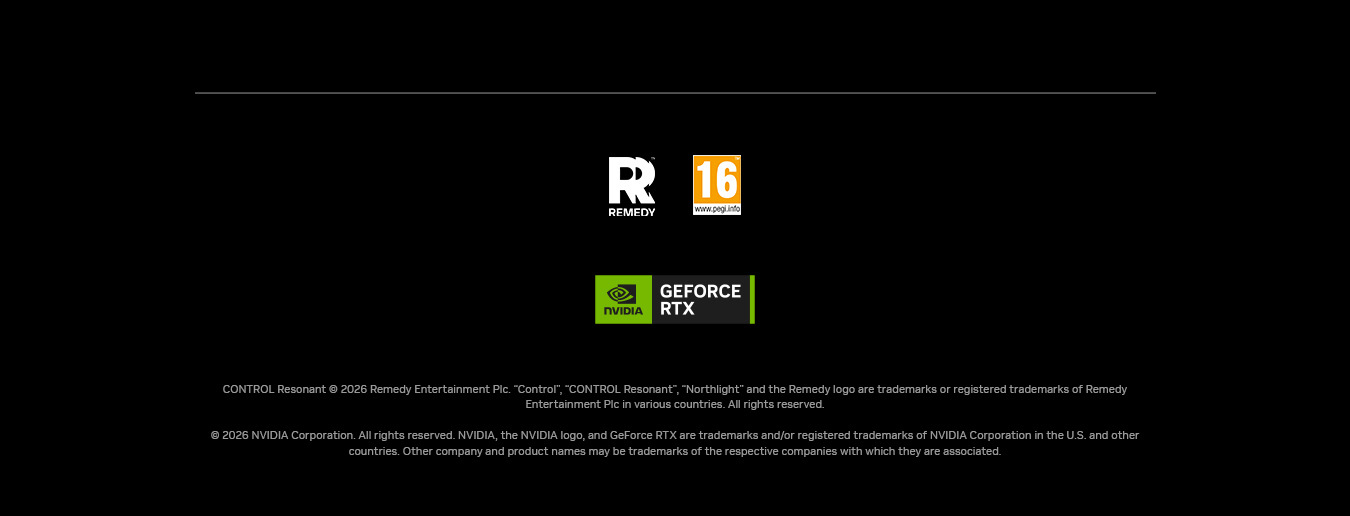 Remedy, PEGI 16, NVIDIA GeForce RTX — legal and trademark notices in English.